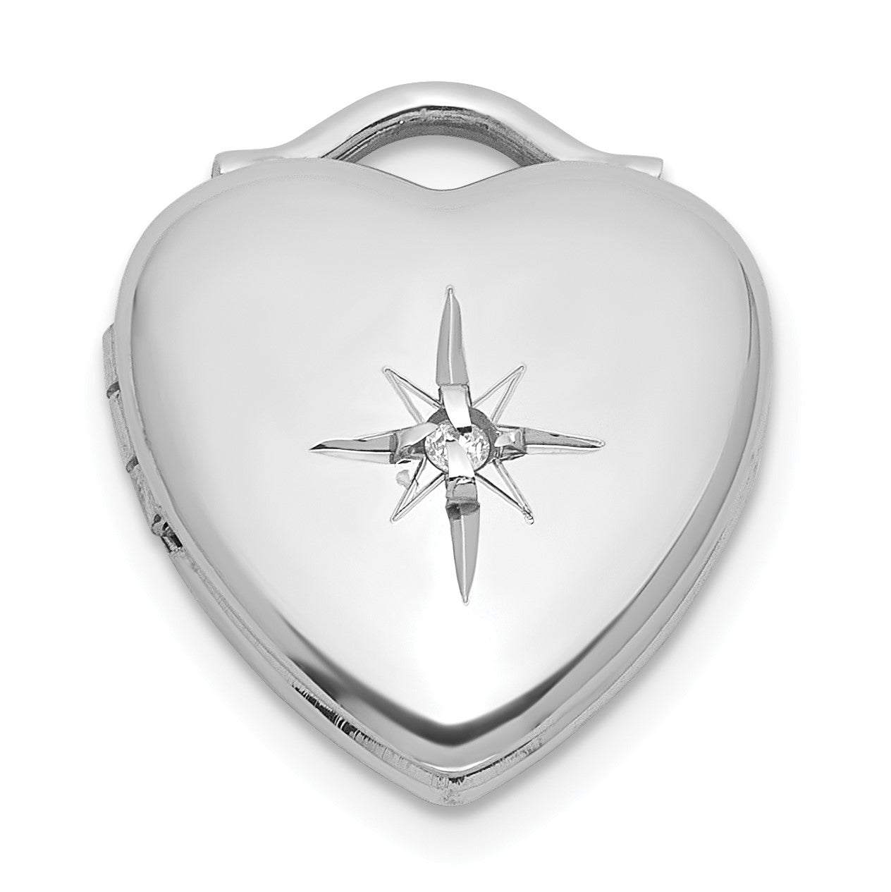Sterling Silver Rhodium-plated Polished Front/Brushed Back 1/20 carat Diamond 12mm Heart Locket