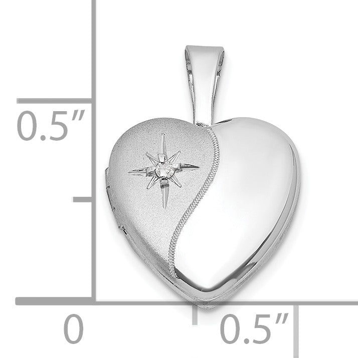 Sterling Silver Rhodium-plated Brushed And Polished 1/20 carat Diamond 12mm Heart Locket