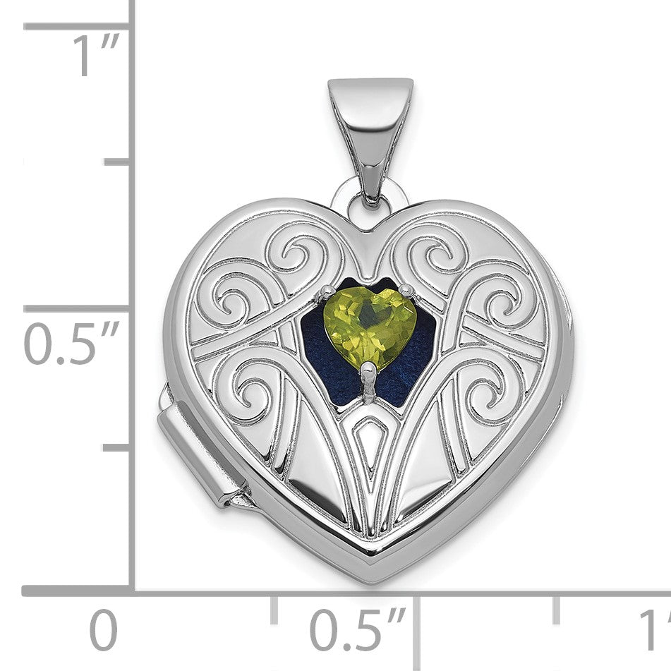 Sterling Silver Rhodium-plated Peridot August Birthstone 18mm Heart Locket