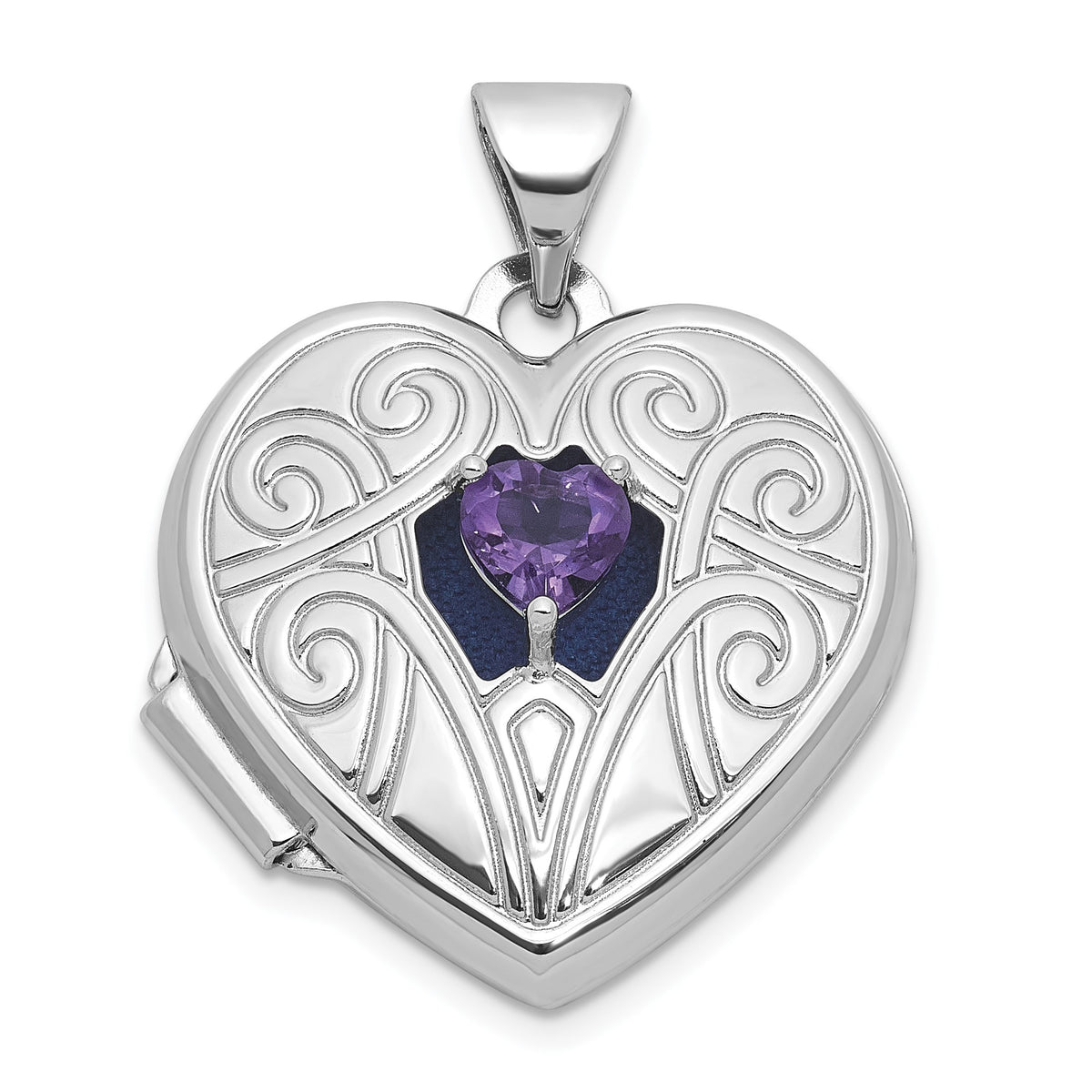 Sterling Silver Rhodium-plated Amethyst February Birthstone 18mm Heart Locket