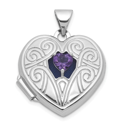 Sterling Silver Rhodium-plated Amethyst February Birthstone 18mm Heart Locket