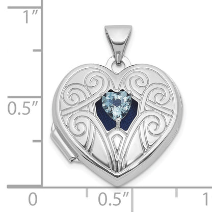 Sterling Silver Rhodium-plated Aquamarine March Birthstone 18mm Heart Locket