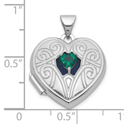 Sterling Silver Rhodium-plated Lab Created Emerald May Birthstone 18mm Heart Locket
