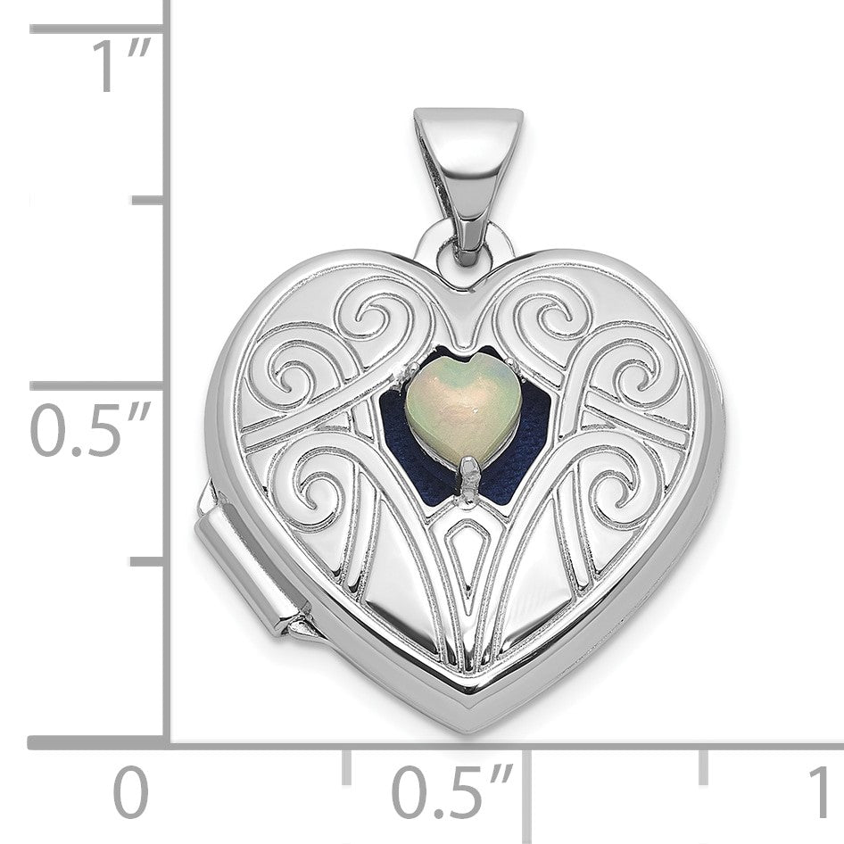 Sterling Silver Rhodium-plated Opal October Birthstone 18mm Heart Locket