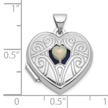 Sterling Silver Rhodium-plated Opal October Birthstone 18mm Heart Locket