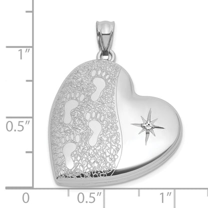 Sterling Silver Rhodium-plated Brushed And Polished 1/20 carat Diamond Foot Prints 24mm Heart Locket