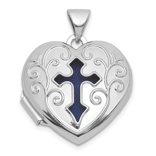 Sterling Silver Rhodium-plated Open Cross with Blue Fabric Interior 18mm Heart Locket