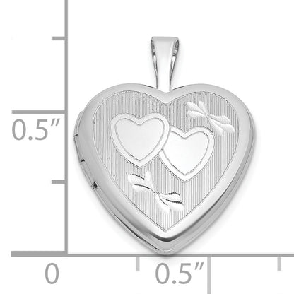 Sterling Silver Rhodium-plated Polished Front/Brushed Back Diamond-cut Twin Hearts 16mm Heart Locket