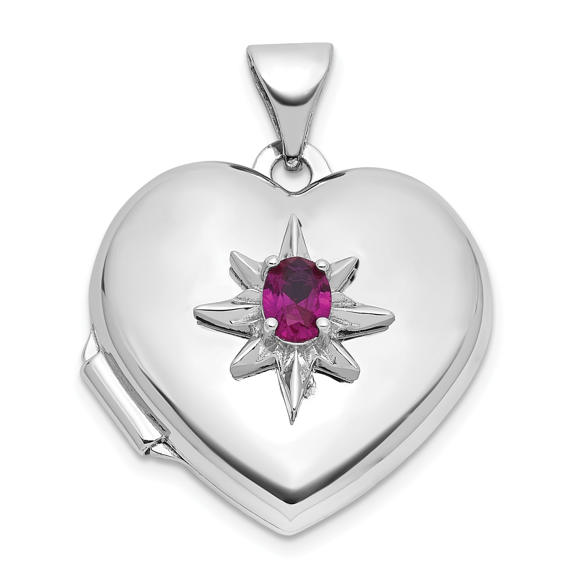 Sterling Silver Rhodium-plated Lab Created Ruby 18mm Starburst Heart Locket