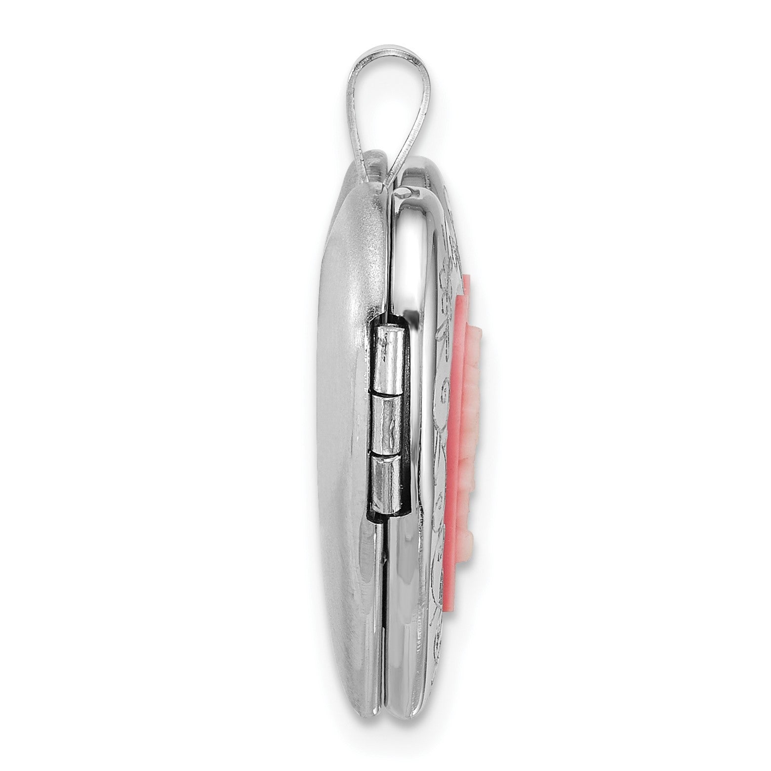 Sterling Silver Rhodium-plated Polished Front/Brushed Back Pink Flowers Resin Cameo 20mm Heart Locket