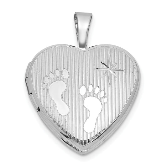 Sterling Silver Rhodium-plated Polished Front/Brushed Back Foot Prints with Star 16mm Heart Locket