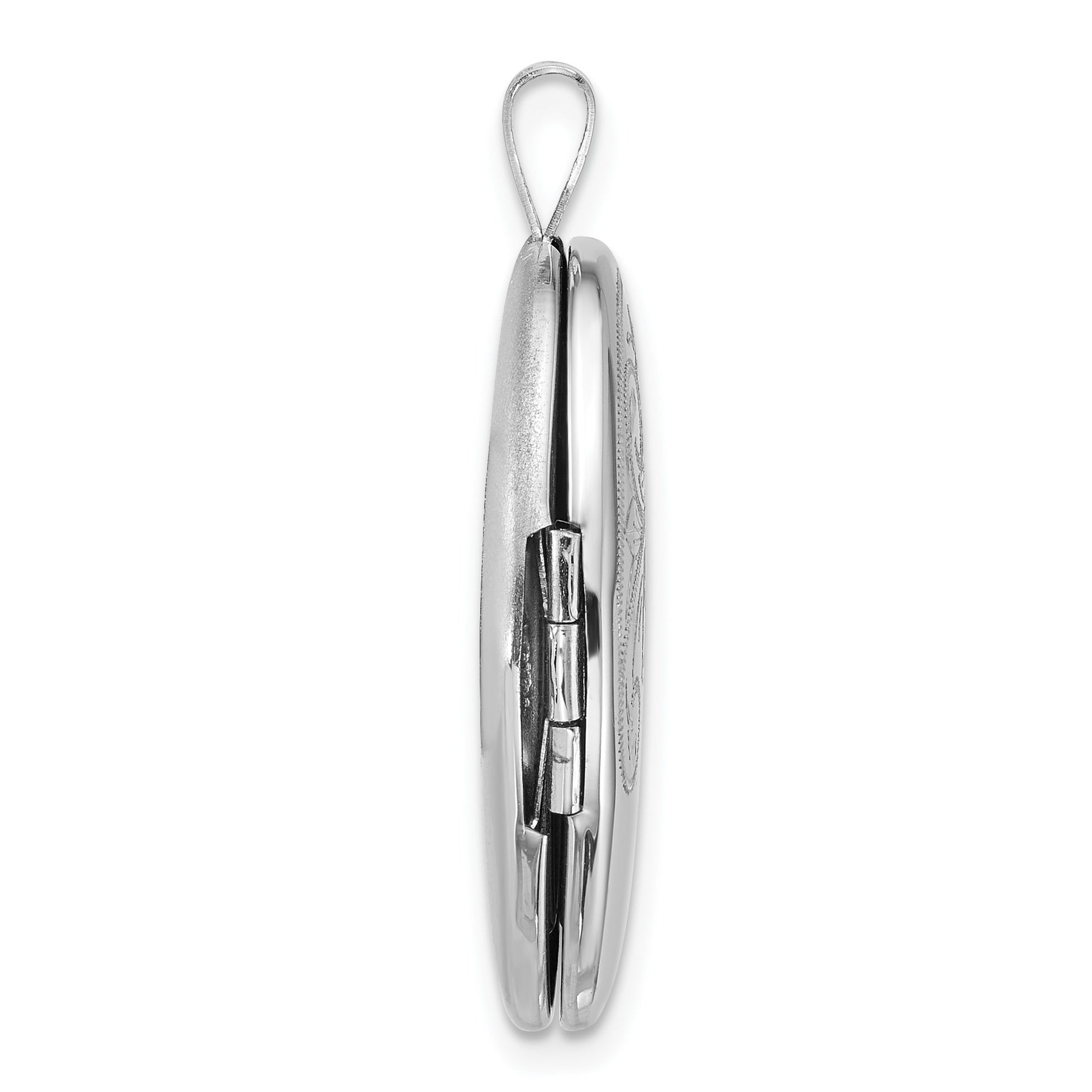 Sterling Silver Rhodium-plated Polished Front/Brushed Back Diamond-cut Floral Design 20mm Oval Locket