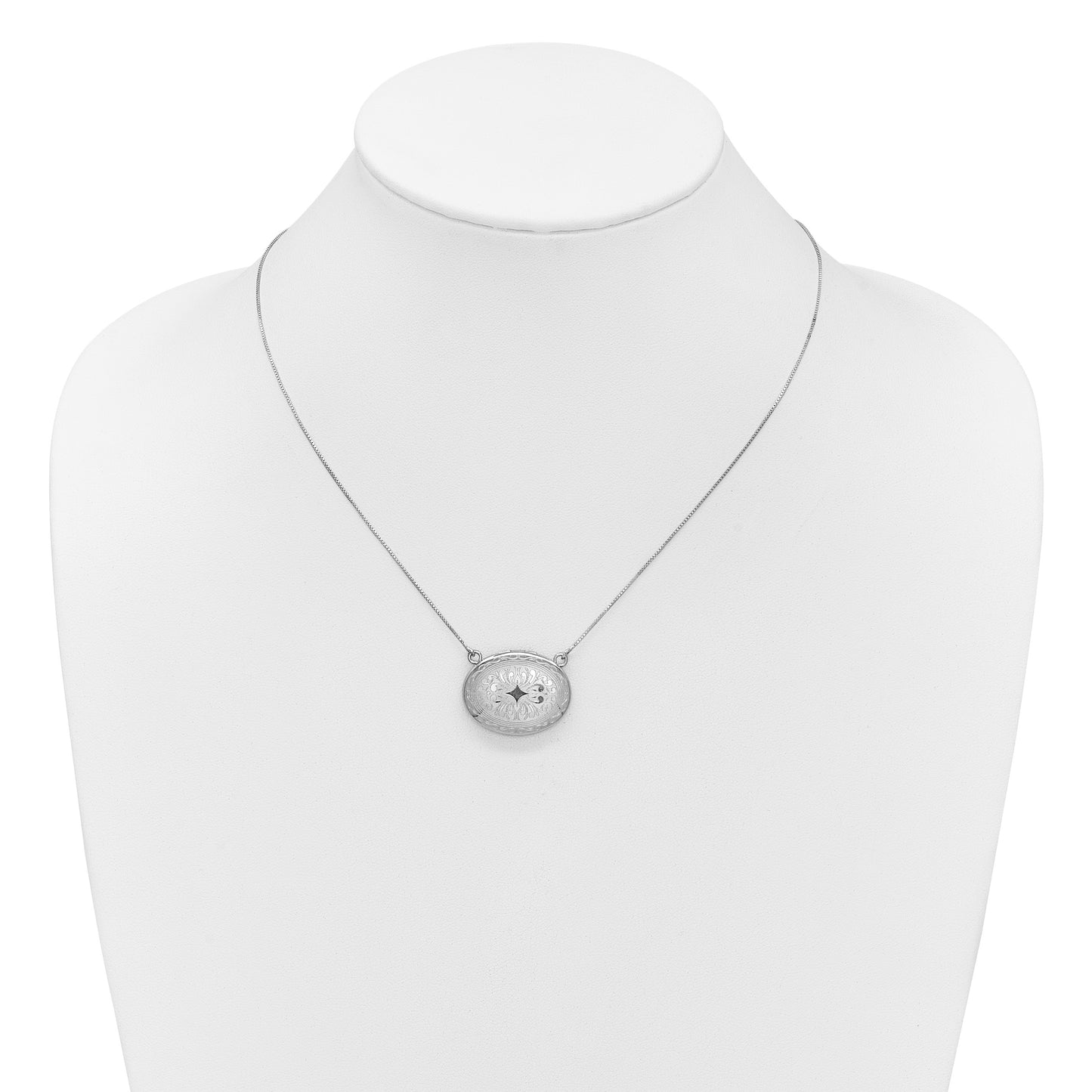 Sterling Silver Rhodium-plated Polished Front/Brushed Back 18.75 inch with 2 inch extension 20mm Oval Filigree Locket Necklace