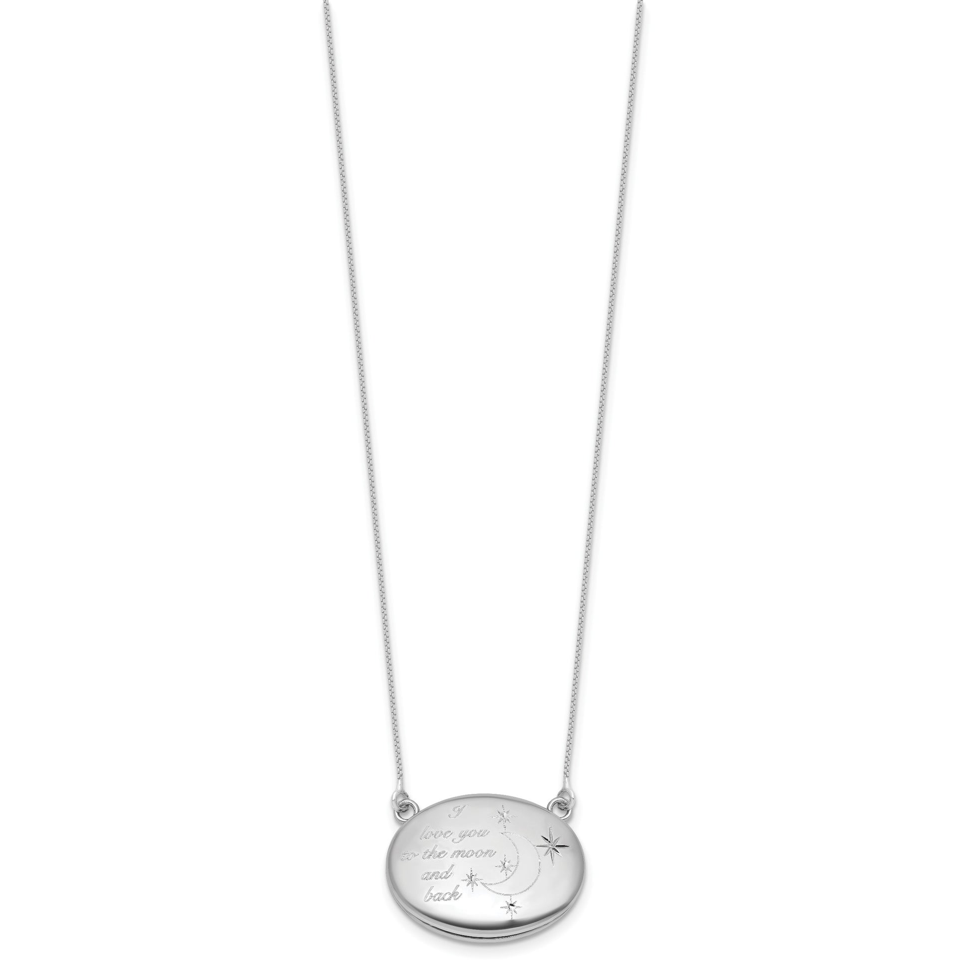 Sterling Silver Rhodium-plated Polished Front/Brushed Back Love To Moon and Back 18.75 inch with 2 inch ext. 20mm Oval Locket Necklace
