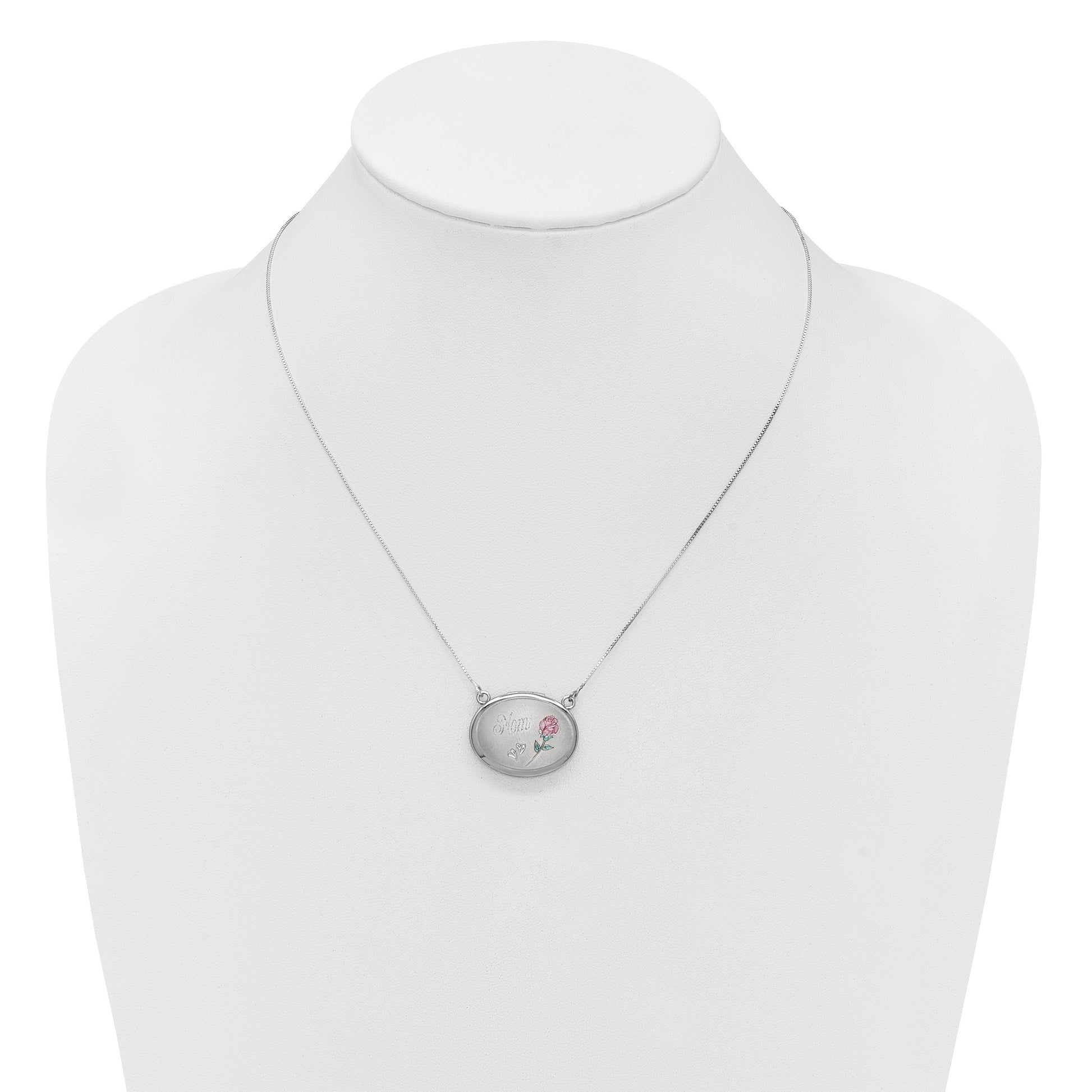 Sterling Silver Rhodium-plated Brushed/Polished Pink and Green Epoxy MOM Rose 18.75 inch with 2 inch ext. 20mm Oval Locket Necklace