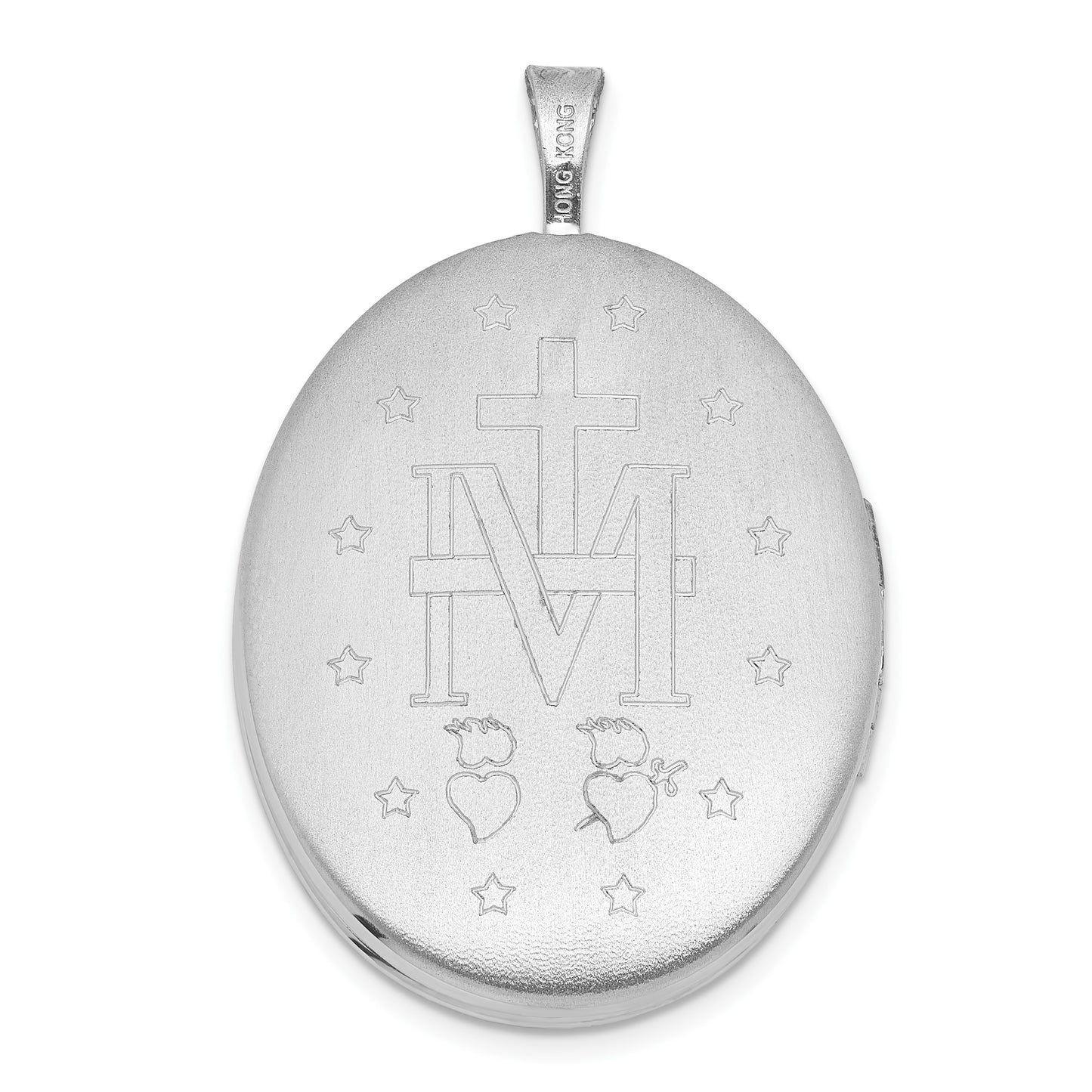Sterling Silver Rhodium-plated Polished Front/Brushed Back Miraculous Medal 20mm Oval Locket