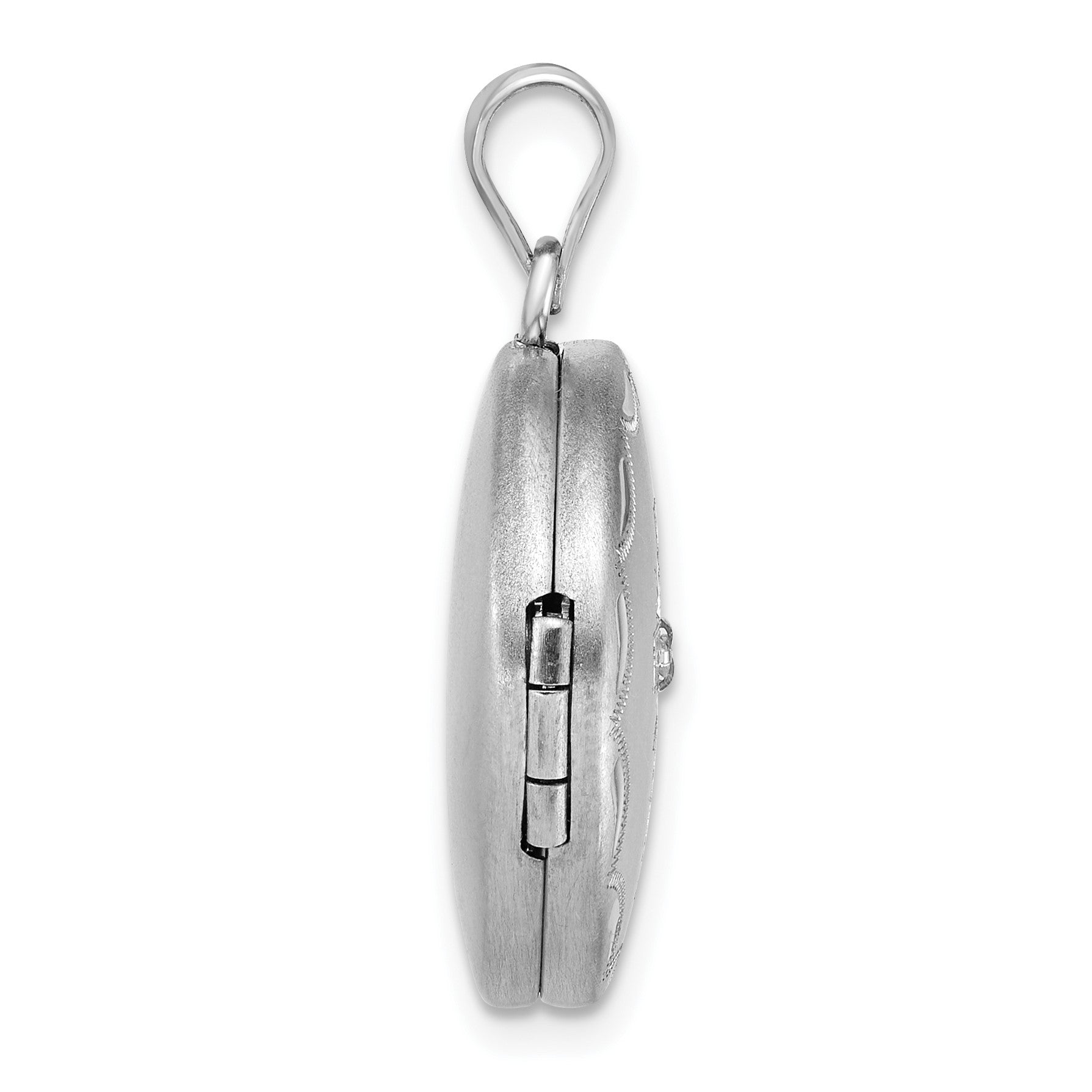 Sterling Silver Rhodium-plated Brushed Diamond-cut with 1/20 carat Diamond Cross 20mm Round Locket