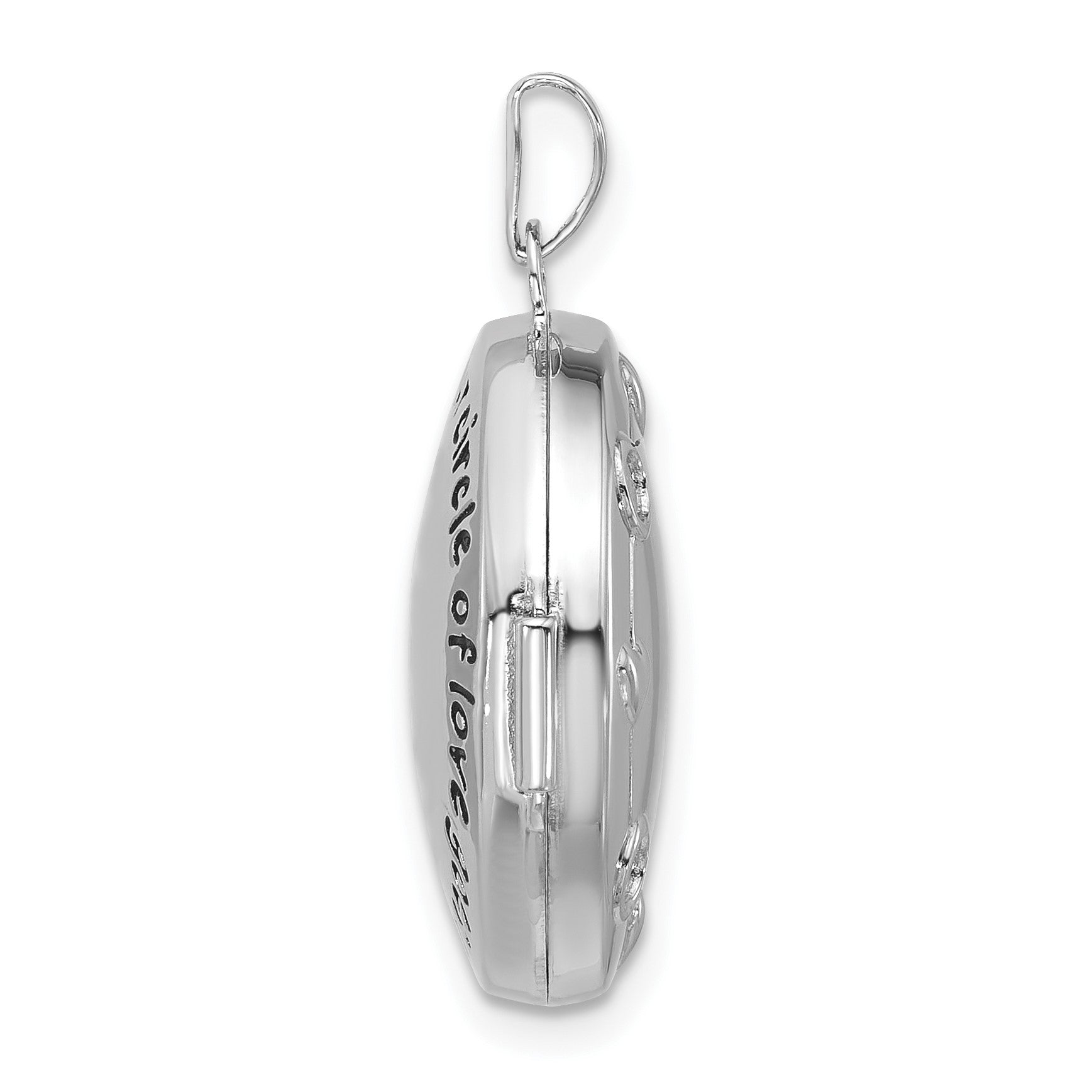 Sterling Silver Rhodium-plated OUR CIRCLE OF LOVE GOES AROUND AND NEVER ENDS Reversible 20mm Round Locket