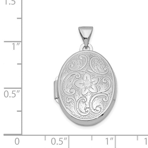 Sterling Silver Rhodium-plated Oval Floral Locket