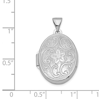 Sterling Silver Rhodium-plated Oval Floral Locket
