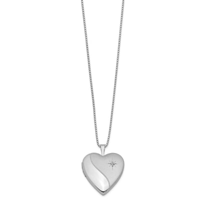 Sterling Silver Rhodium-plated 20mm Satin Diamond Heart Locket Necklace