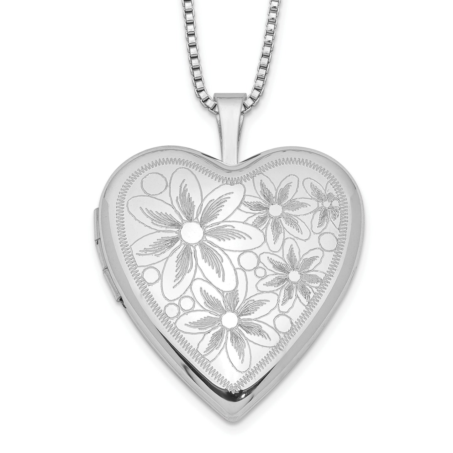 Sterling Silver Rhodium-plated 20mm with Daisies Heart Locket Necklace