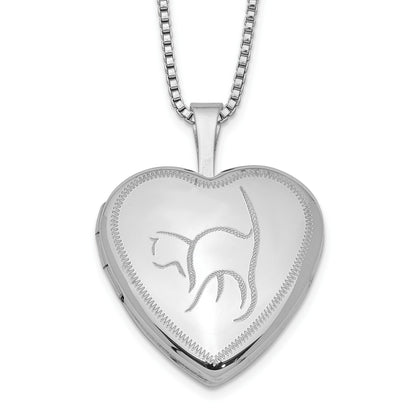 Sterling Silver Rhodium-plated 16mm Cat Heart Locket Necklace