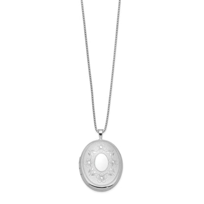 Sterling Silver RH-plated 26mm Floral Oval Locket Necklace