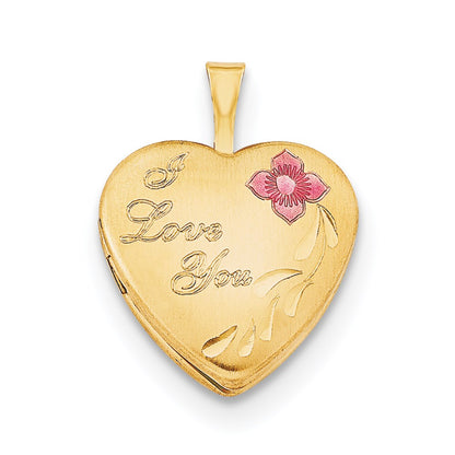 1/20 14K Gold Filled 16mm Enamel Flower I Love You Heart Locket Necklace