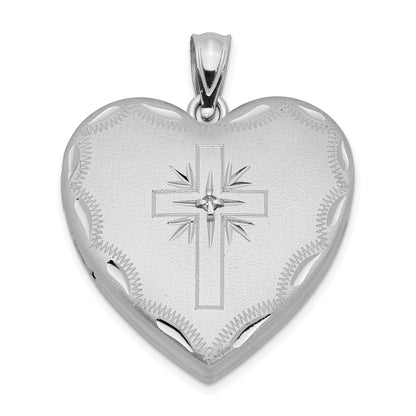 Sterling Silver RH-plated 24mm Satin & D/C w/ Diamond Cross Heart Locket
