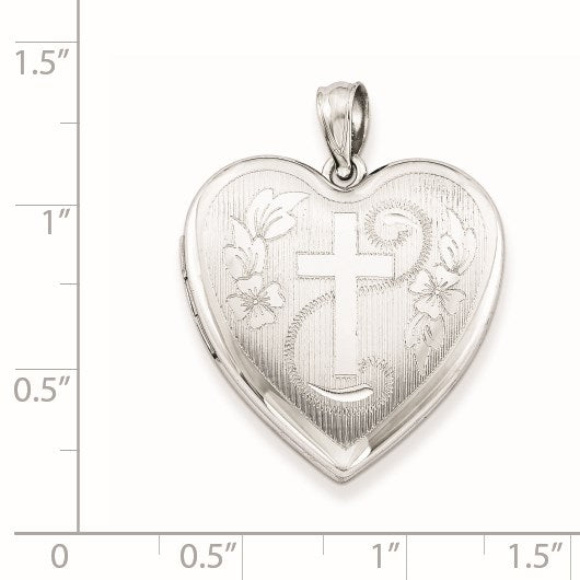 Sterling Silver Rhodium-plated 24mm D/C Cross Heart Locket