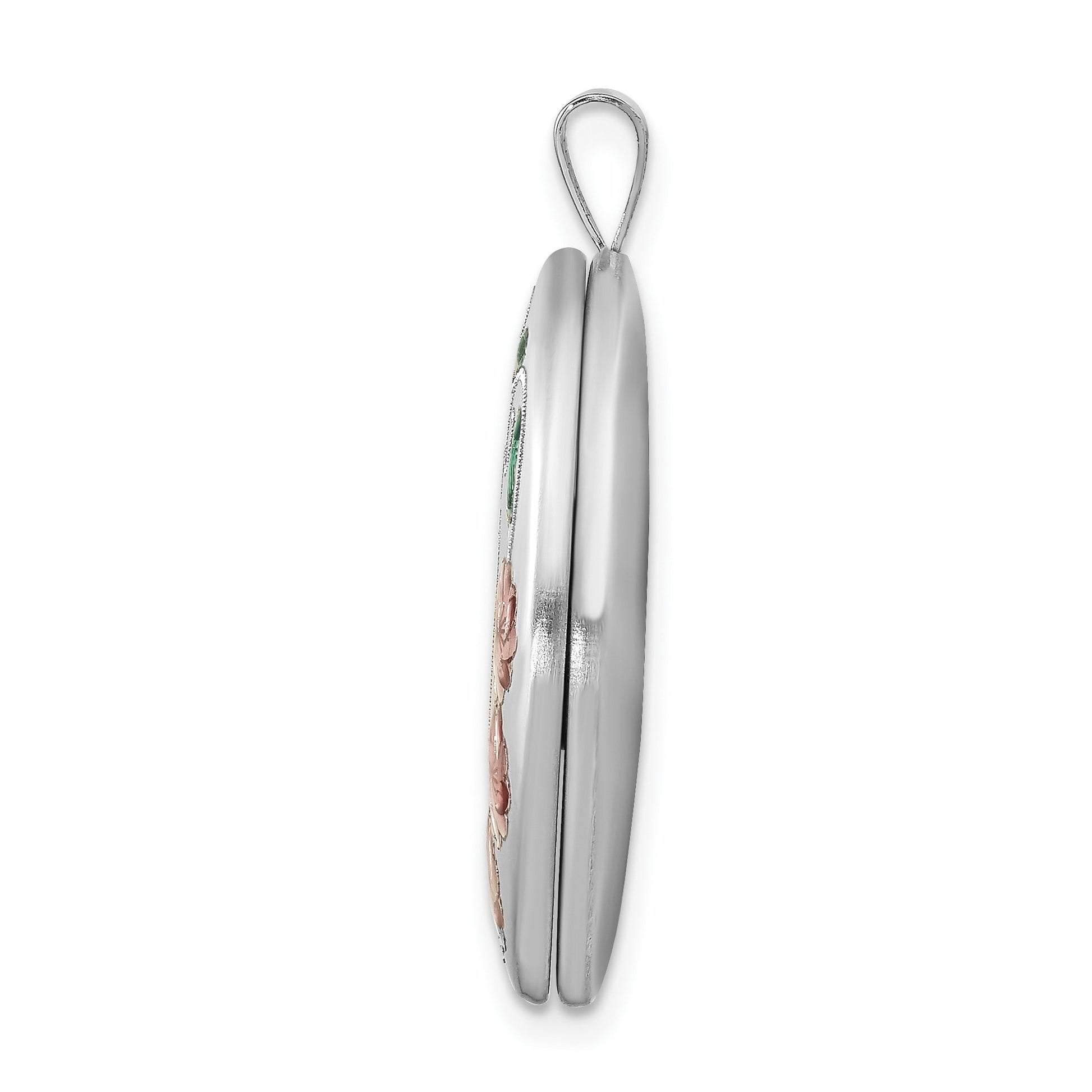 Sterling Silver Rhod-plated Satin Enamel & D/C Floral & Heart Oval Locket