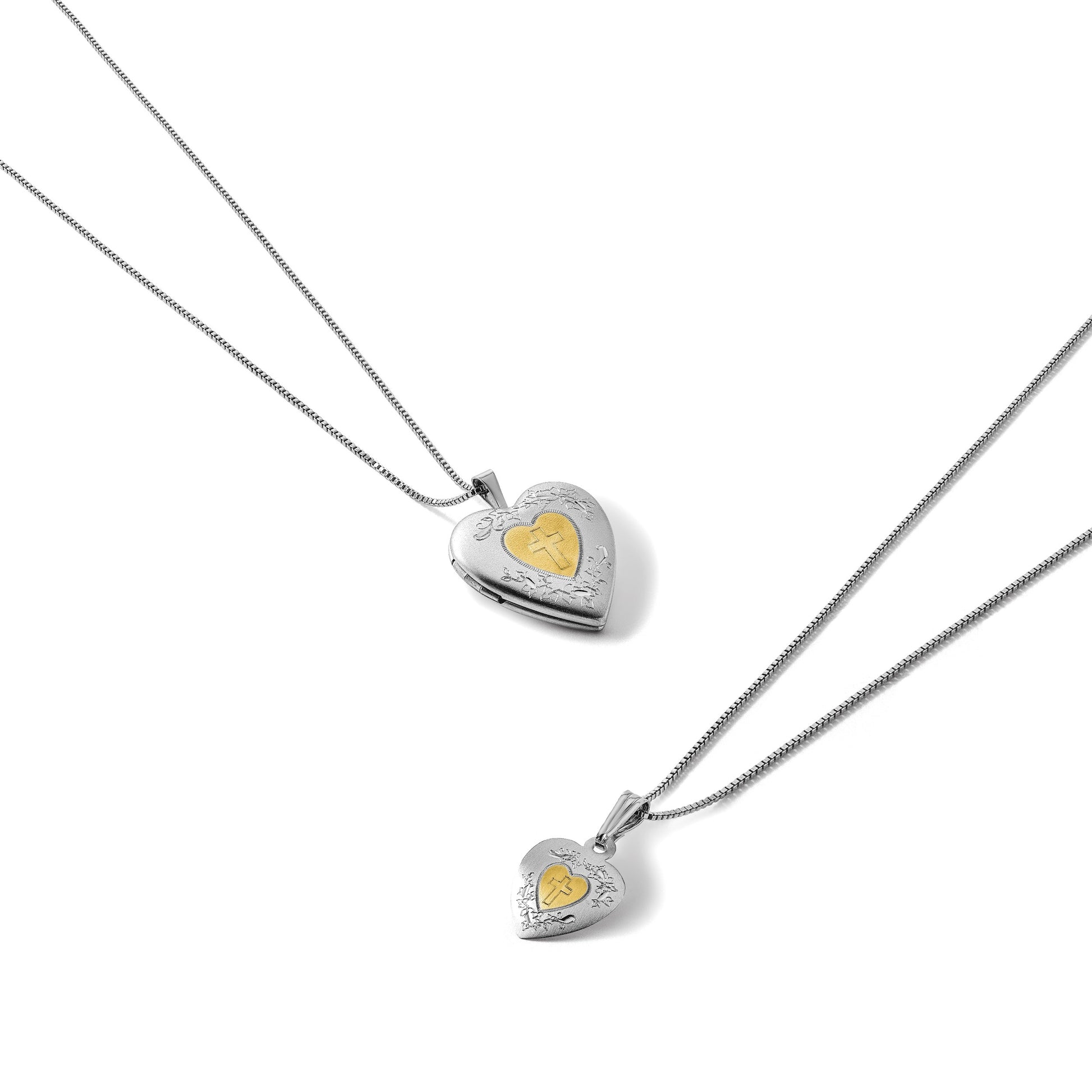 Sterling Silver Rhodium & Gold-plated Polished & Satin Diamond Mom Locket 18in Necklace/ Daughter Pendant 14in Cross Heart Necklace Set