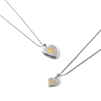Sterling Silver Rhodium & Gold-plated Polished & Satin Diamond Mom Locket 18in Necklace/ Daughter Pendant 14in Cross Heart Necklace Set