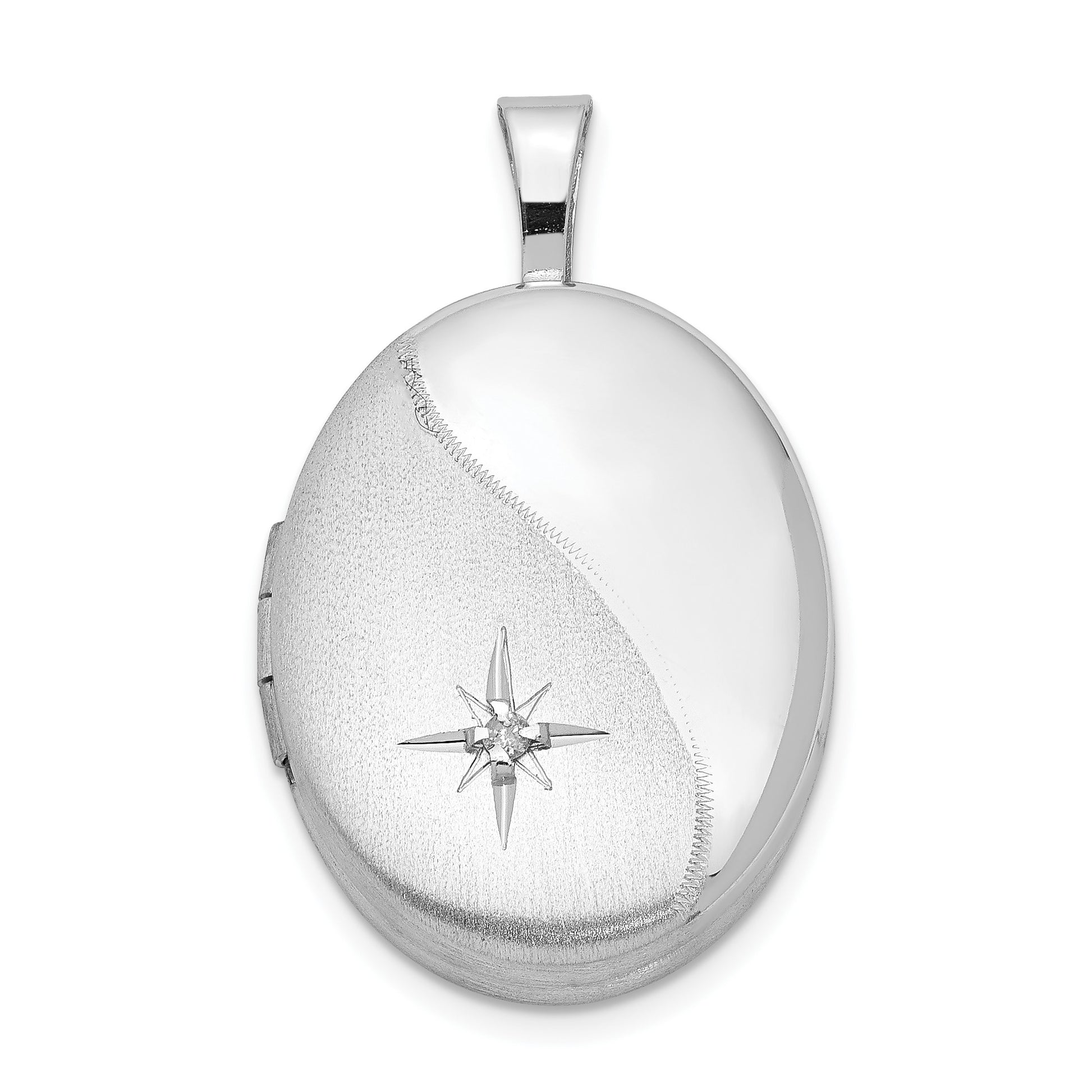 Sterling Silver Rhodium-plated 19mm Diamond Polished/Satin Star Oval Locket