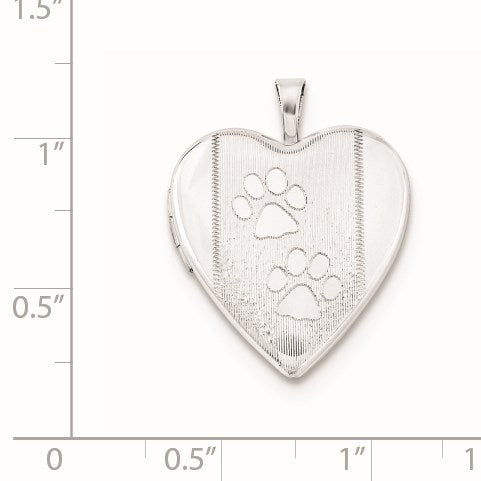 Sterling Silver Rhodium-plated Textured & Polished Paw Prints Heart Locket