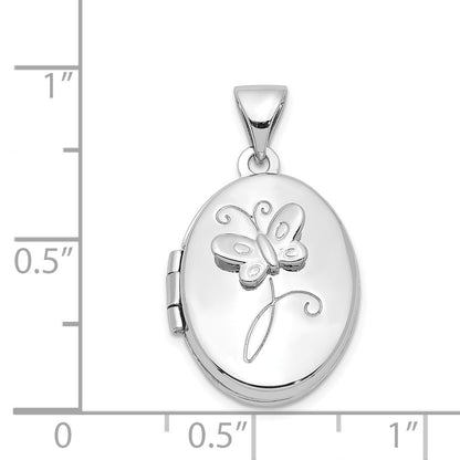 Sterling Silver Rhodium-plated 17x14mm Butterfly Oval Locket