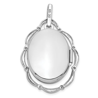 Sterling Silver Rhodium-plated 21x16mm Floral Oval Locket