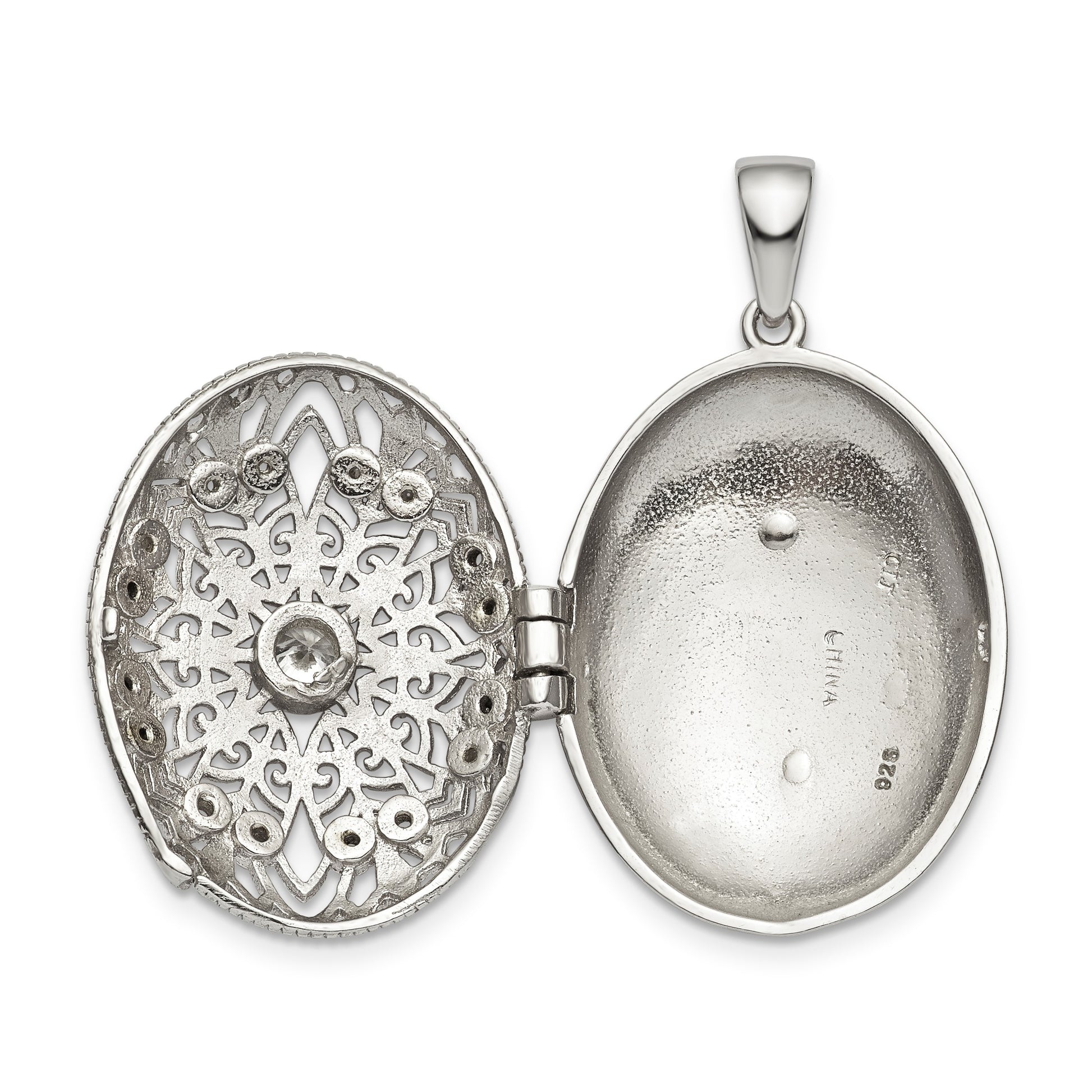 Sterling Silver Rhodium-plated CZ Filigree Top Polished Back Oval Locket