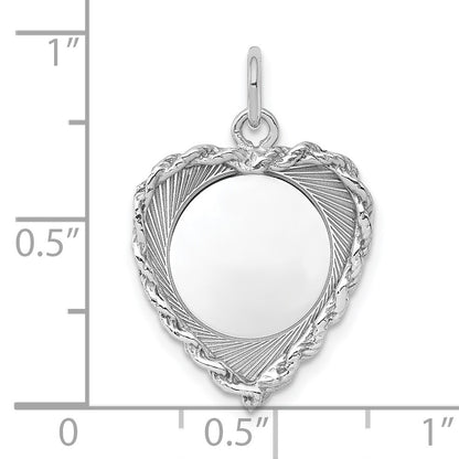 Sterling Silver Rh-plt Engraveable Heart Polished Front/Back Disc Charm