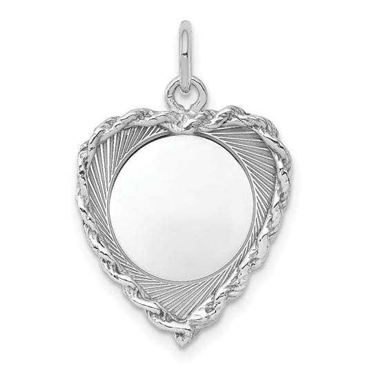 Sterling Silver Rh-plt Engraveable Heart Polished Front/Back Disc Charm