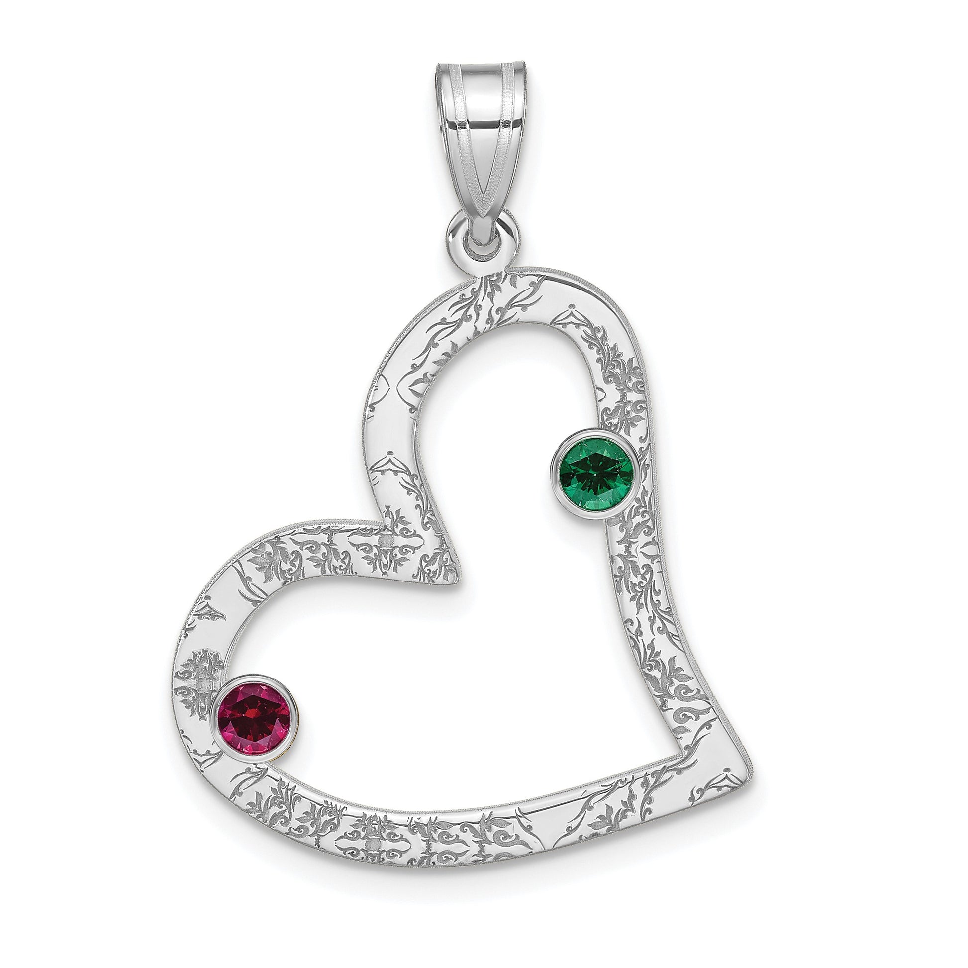 SSilver/Rh-plated 2 Birthstone Heart with SSilver Bezel Family Pendant