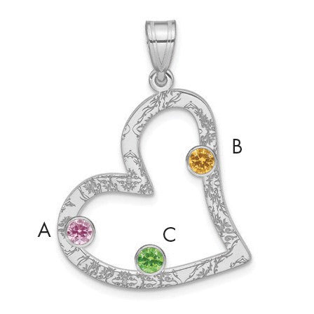 SSilver/Rh-plated 3 Birthstone Heart with SSilver Bezel Family Pendant