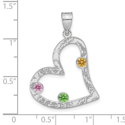 SSilver/Rh-plated 3 Birthstone Heart with SSilver Bezel Family Pendant