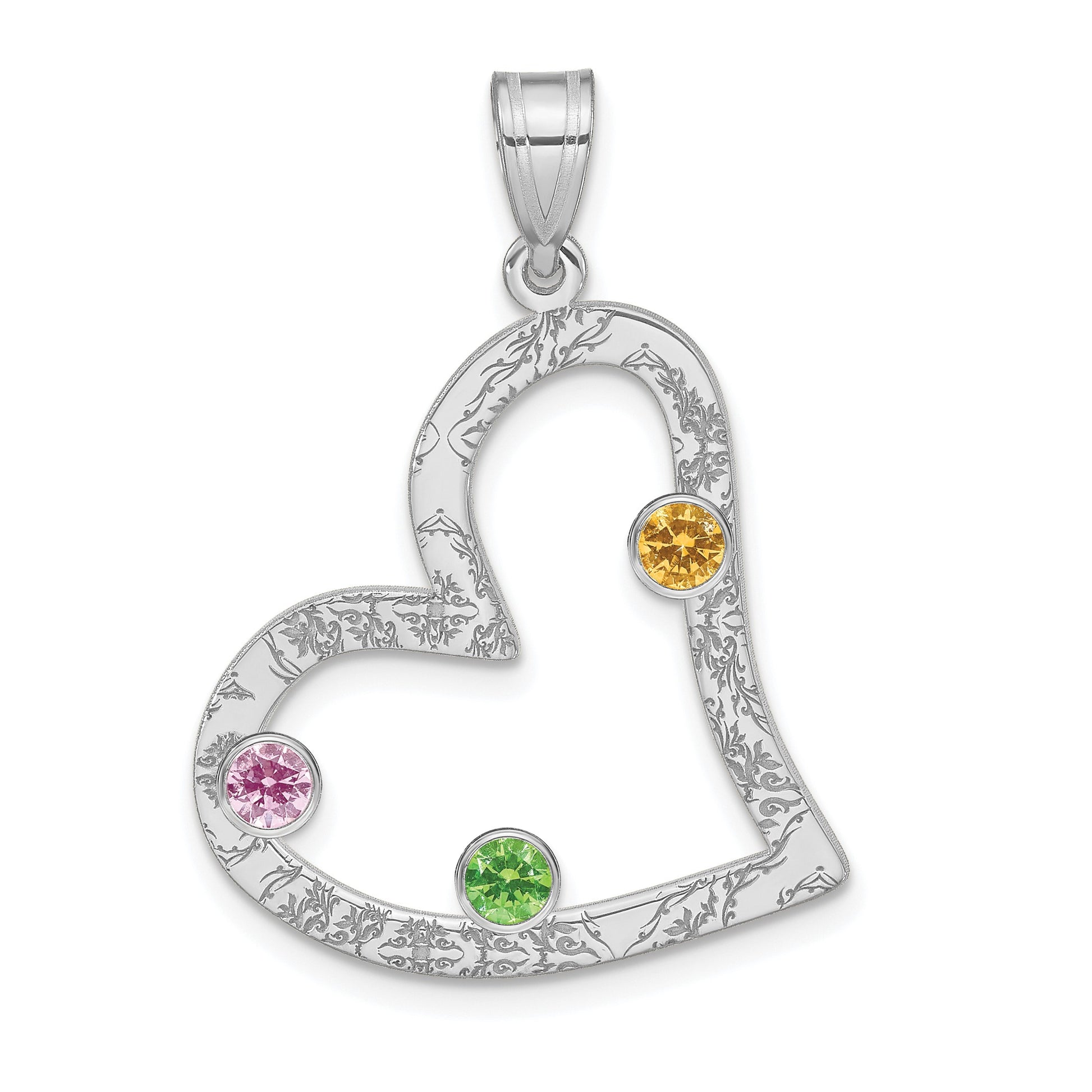 SSilver/Rh-plated 3 Birthstone Heart with SSilver Bezel Family Pendant