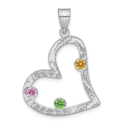 SSilver/Rh-plated 3 Birthstone Heart with SSilver Bezel Family Pendant