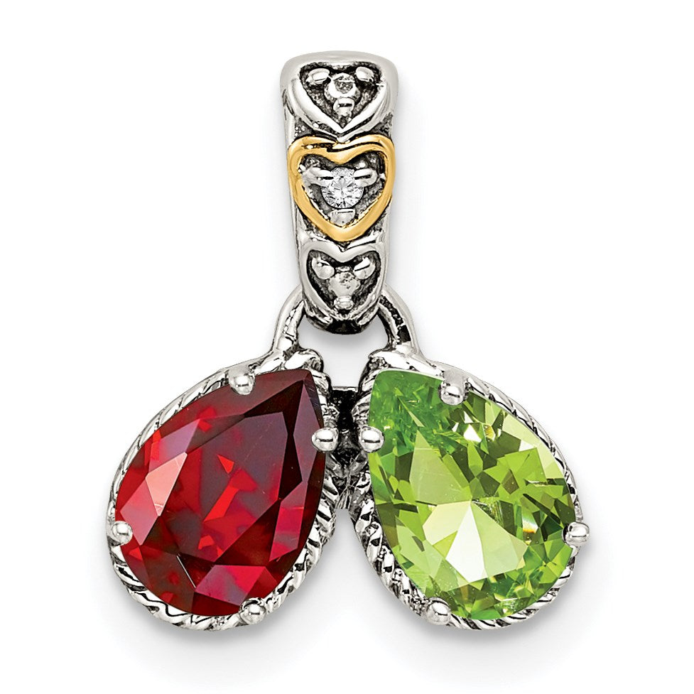 Sterling Silver Antiqued w/14k 2-stone w/Diamond Mothers Pendant Semi-Mount