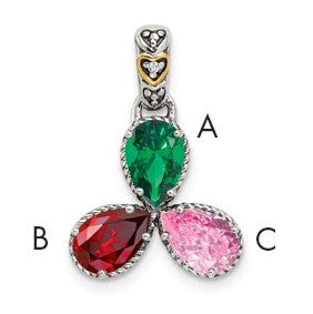 Sterling Silver Antiqued w/14k 3-stone w/Diamond Mothers Pendant Semi-Mount