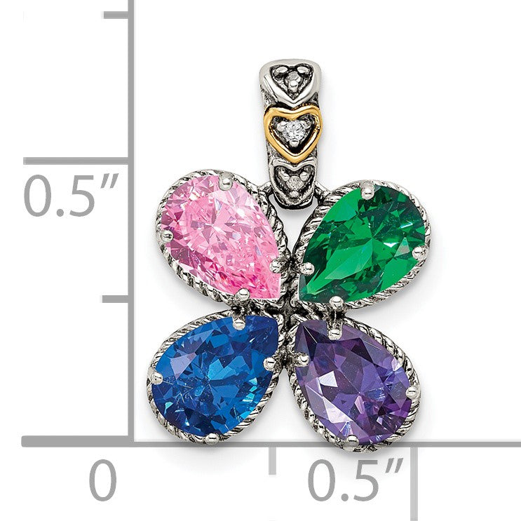 Sterling Silver Antiqued w/14k 4-stone w/Diamond Mothers Pendant Semi-Mount