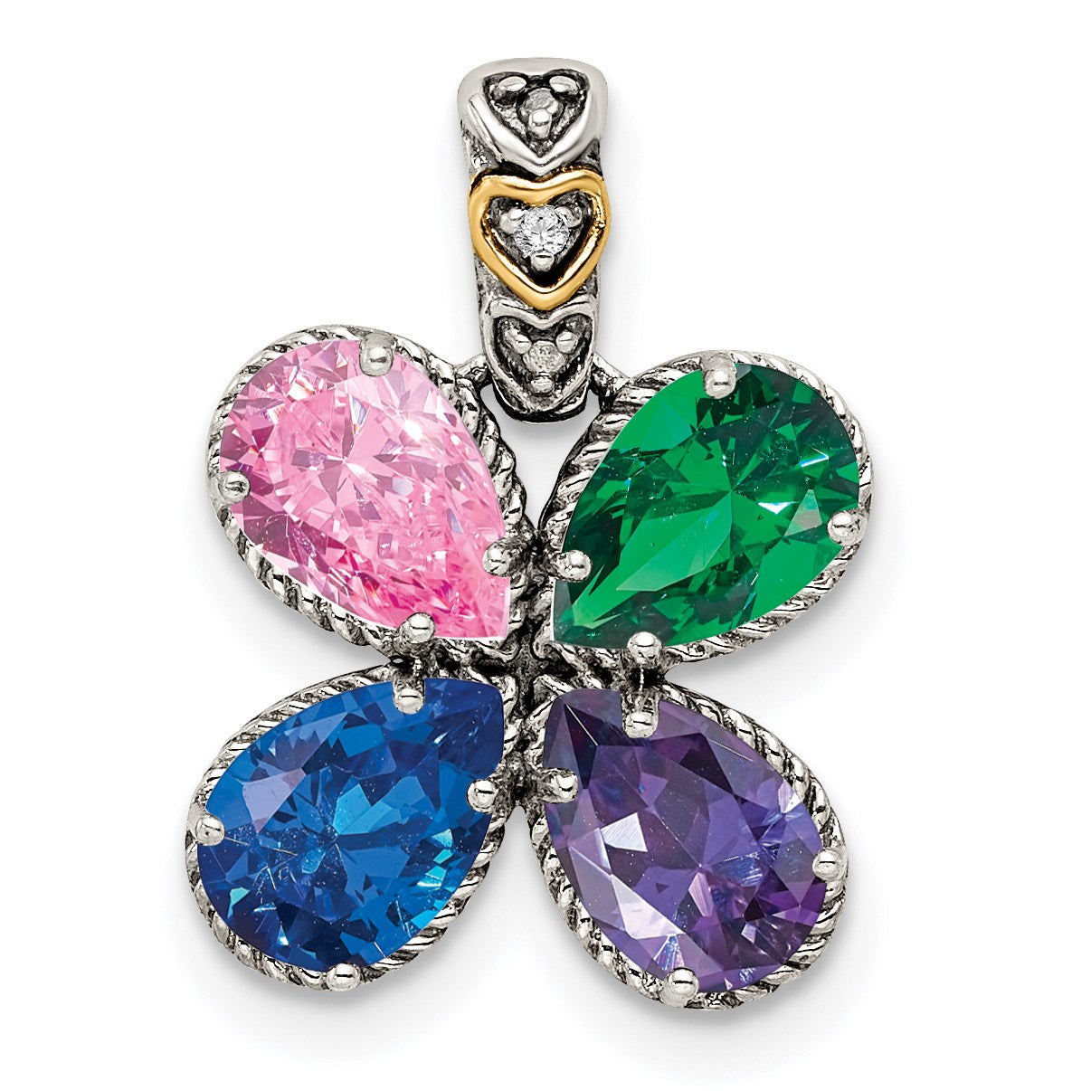Sterling Silver Antiqued w/14k 4-stone w/Diamond Mothers Pendant Semi-Mount
